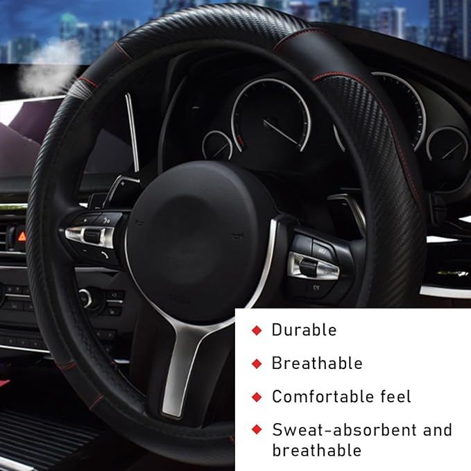 Car Steering Wheel Cover, 15 Inch Leather Breathable Auto Steering Wheel Protector, Comfortable Non-Slip Vehicle Steering Wheel Covers, Universal Interior Car Accessories (Black)