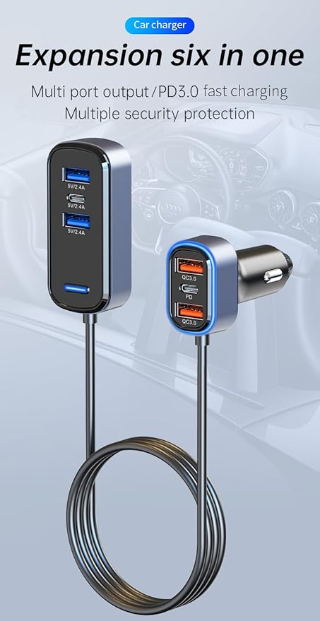 75.5W 6-Port Multiport Car Charger, PD Fast USB B C Car Charger for Multiple Devices,Cigarette Lighter Adapter Car Travel Essentials for Road Trips with 5FT Cable,Car Accessories for Smartphone