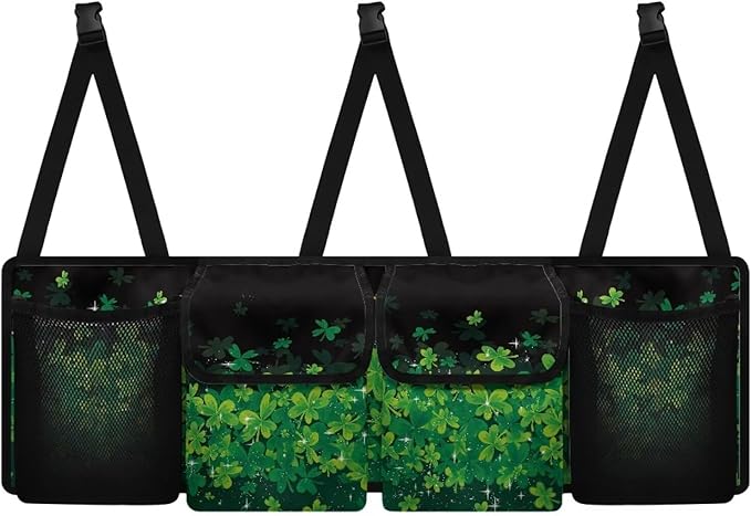 Lucky Leaf Hanging Trunk Organizer, St. Patrick's Day Foldable Car Trunk Organizer Back Seat with 4 Large Pockets, Hanging Trunk Organizer Universal for Vehicles (with Mesh Bag)