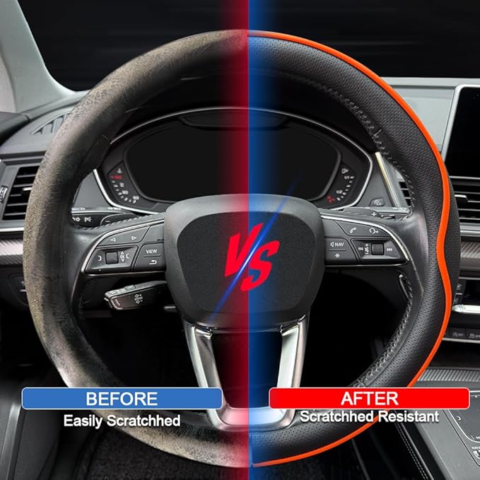 HAOTULE Leather Steering Wheel Cover， with Anti-Slip Stripe Design - Enhanced Grip, Fashion Style, Safe, Non-Slip, Breathable. Upgrade car Interior，Orange