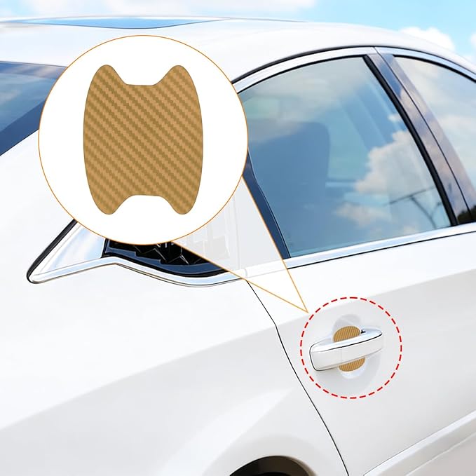 Car Door Handle Cup Scratch Protector, 4PCS 3D Carbon Fiber Vehicle Handle Bowl Sticker, Automotive Exterior Door Cup Protection Decal, Universal for SUV Caravan Automobile (Gold)