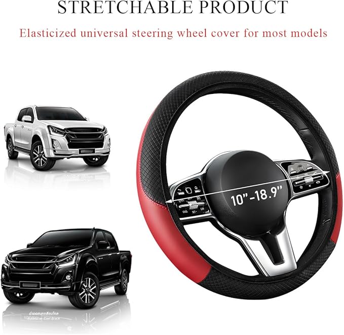 Elastic Steering Wheel Cover, Microfiber Leather Carbon Fiber Steering Wheel Protector, Steering Wheel Cover with Anti-Slip Lining, (Black+Red, AD)