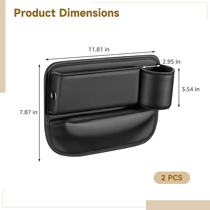 Toyosport 2 Pcs Car Seat Gap Filler Organizer, Leather Storage Box with Cup Holder, Cable Hole, Clutter Catcher for Cars, Black Seat Gap Storage Pockets for Driver and Passenger Seats