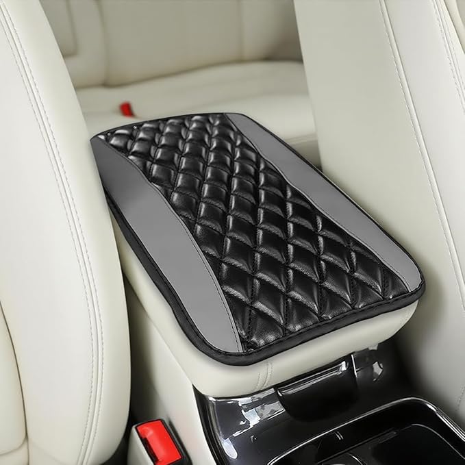 Car Center Console Cover, Comfortable PU Leather Vehicle Armrest Storage Box Cushion Pad, Anti-Scratch Automotive Interior Arm Rest Cover Protector, Universal for Truck SUV Sedan (Gray)