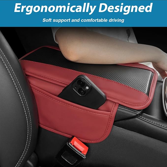 Mandark Car Center Console Cover with 2 Storage Bags, Auto Interior Arm Rest Storage Box Pad Accessories, Carbon Fiber Leather Vehicle Armrest Cushion, Universal for SUV, Truck, RV (Red)