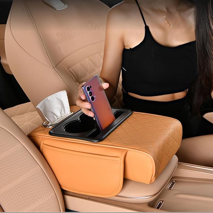 Car Center Console Armrest Pad for Nissan Kicks 2018–2025 2026 P16,Pu Leather Heightening Cushion with Cup Holder and Tissue Box,Multifunctional Organizer Accessories,Black