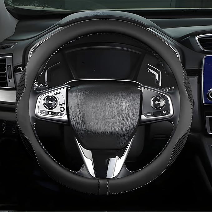 Car Steering Wheel Cover, Microfiber Breathable Ice Silk Leather Steering Wheel Cover Soft Anti-Slip Safety, 15inch Four Season Universal Fits for Most Truck,SUV,Cars (Black Ice Silk)