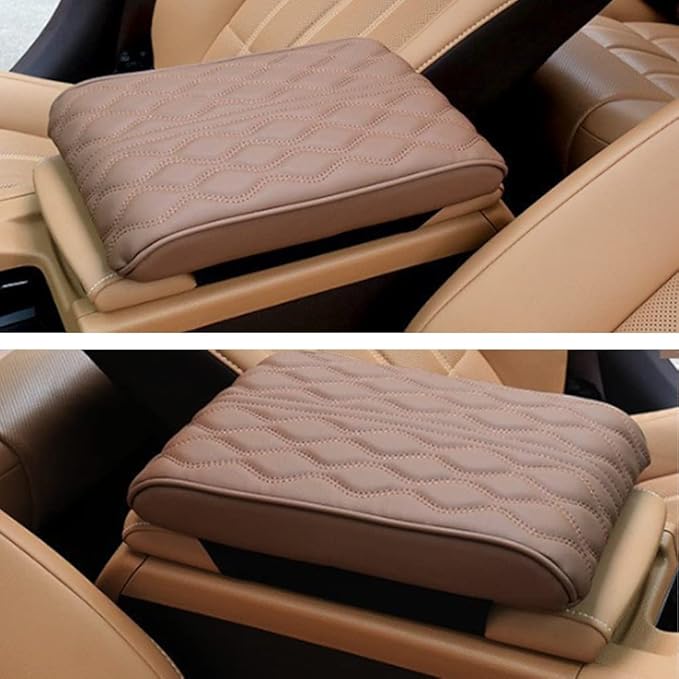 AIIONP Leather Car Armrest Box Pad, Universal Car Center Console Cover Pad, PU Leather Car Armrest Seat Box Cover Protector, Center Console Armrest Pad for SUV, Truck, Car (Brown, Wave Pattern)