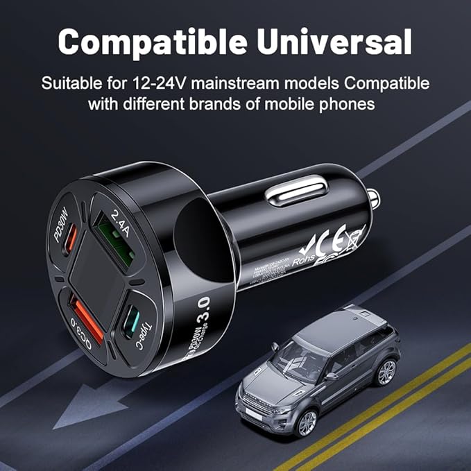 Multi Port USB C Car Phone Charger Adapter with Voltmeter, 4 in 1 100W Fast Charging Cigarette Lighter USB Charge for iPhone 16 15 14 13 12 11, Android, Samsung, iPad Pro (Black)