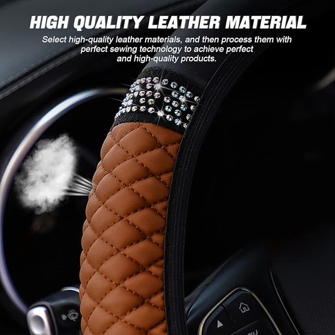 Leather Car Steering Wheel Cover, 15 Inch Colorful Rhinestones Elastic Auto Steering Wheel Protector, Bling Steering Wheel Cover for Women Men, Car Accessories for Cars, Vehicles, SUVs (Brown)