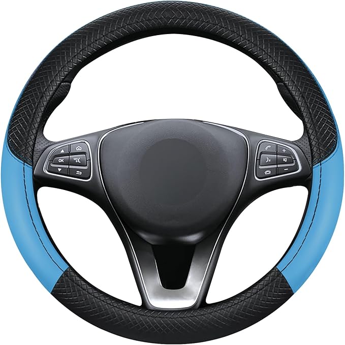 Black & Blue Car Steering Wheel Cover, Microfiber, Leather Patchwork, Universal 14.5-15 Inch Leather Anti-Slip Breathable Auto Steering Wheel Covers for Men Women