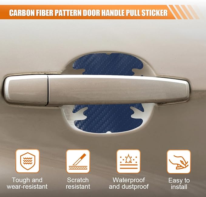 4PCS Car Door Handle Cup Scratch Protector, 3D Carbon Fiber Door Bowl Sticker, Car Paint Protective Film, Universal Automotive Doors Handle Guard Pad for Most Cars (Blue)