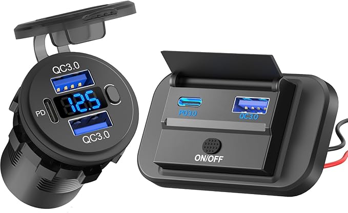 12 Volt USB Outlet Dual Quick Charge 3.0 Port and PD3.0 USB C Car Battery Chargers Socket, Waterproof 12V Power Outlet Cigarette Lighter Replacement DIY Kit, 12V USB Outlet Surface Mount Lightweight