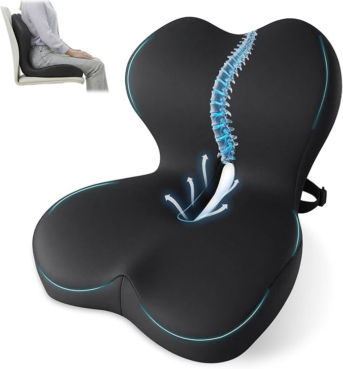 XZdream Memory Foam Seat Cushion,Office Chair Cushion with Lumbar Support for Back Pressure Relief,Sciatica,Car Seat Cushion with Adjustable Strap,Hip Pad Cushions for Car,Truck,Desk (D-Black)