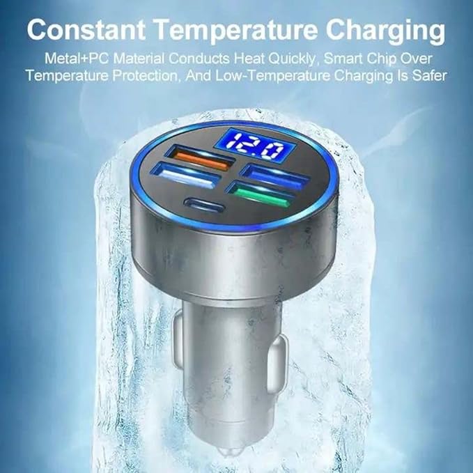 120W 5-Port Car Charger with PD Fast Charging & LED Voltage Display – USB C Cigarette Lighter Adapter (4 USB + 1 PD) for iPhone, Android & Multiple Devices