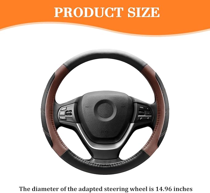 Car Steering Wheel Cover, 14.5-15" Non-Slip Leather Sporty Vehicle Steering Wheel Protector, Breathable Auto Interior Decoration Accessories, Universal for Van Truck Sedan (Orange)