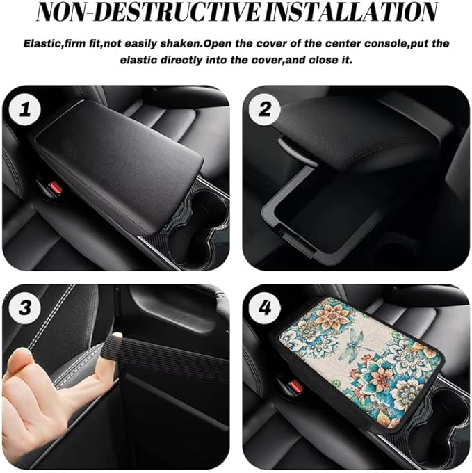 Boatee Flower Dragonfly Car Center Console Cover Auto Arm Rest Mat for Car Armrest Organizer for Car Console Cushion Comfortable Console Cover Universal Armrest Box Pad Interior Decor White