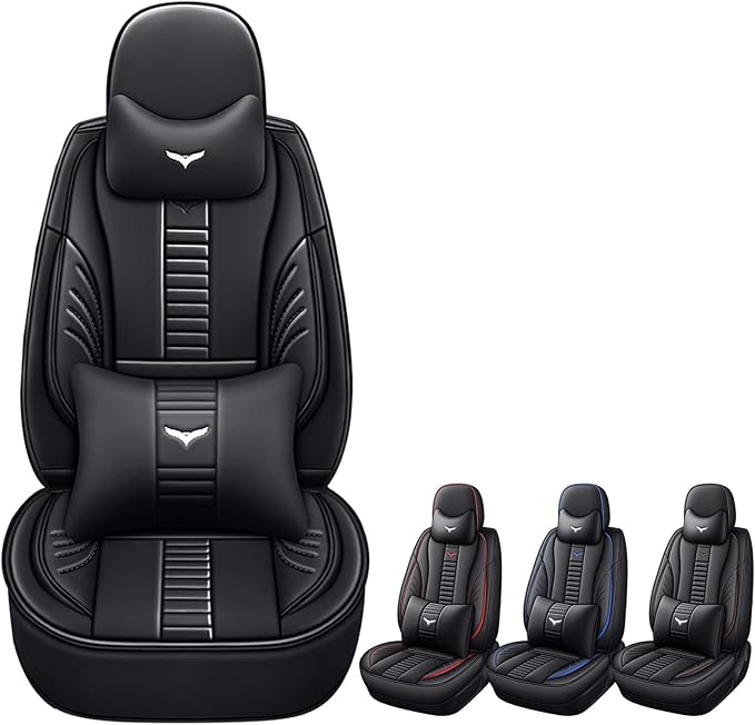 Pengchen Luxury 2 Seats Car Seat Covers Protectors for Civic 2017-2025, Back Storage Pocket Design & Headrest Pillow & Lumbar Support Black & Black Line