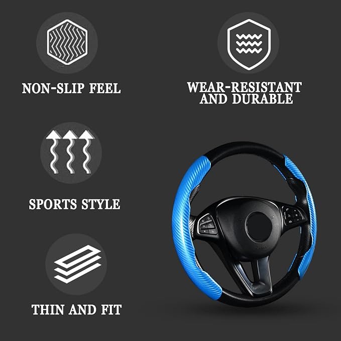 Steering Wheel Cover, 2PCS Segmented Steering Wheel Protector, Carbon Fiber Anti-Slip and Durable Car Accessory, Universal Fit for Most Cars，SUVs (Carbon Fiber Light Blue)