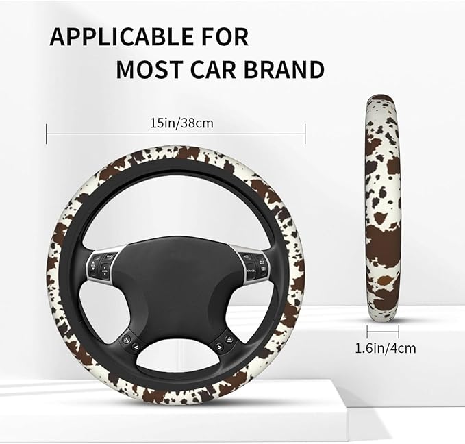 Brown Western Cow Print Steering Wheel Cover for Women Men with 2 Pcs Car Coasters, 15 Inches Neoprene Anti-Slip Cute Universal Car Accessories Protective Cover for Vehicle