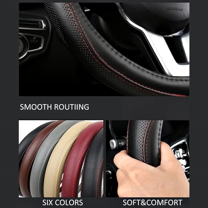 AEVEA Genuine Leather Steering Wheel Cover, Black Real Cowhide for 14.5-15 Inch Steering Wheels, Universal Fit for Cars and Trucks (BlackRed)