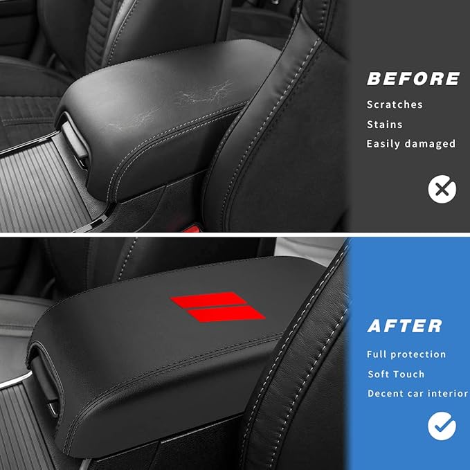 INTGET Center Console Cover for Dodge Charger Accessories 2011-2020 2021 2022 2023 for Chrysler 300 2015-2022 Leather Armrest Cover Console Lid Protector Cushion Pad(Black Stitches, Leather)