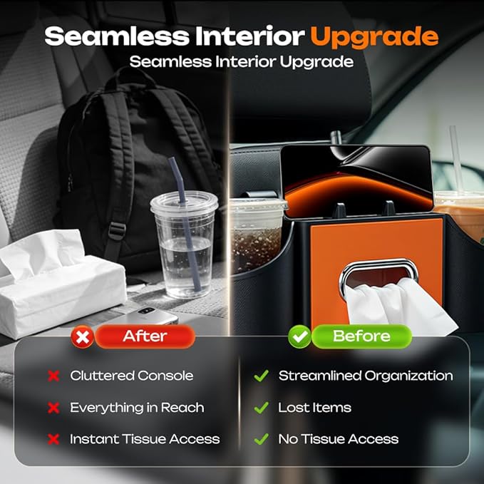 4-in-1 Car Backseat Organizer with Cup Holder, 2026 Upgraded Multifunctional Car Back Seat Organizer with Tissue Box, Trash Bin & Hooks for Hold Phones, Snacks, Drinks, and Handbags (Black)