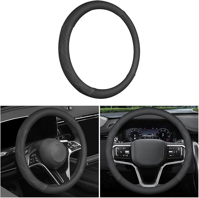 Car Steering Wheel Cover, Anti-Slip Breathable Leather Automotive Steering Wheel Protector, Soft Comfortable Vehicle Interior Protective Accessories, Universal for RV, SUV, Truck (Black)