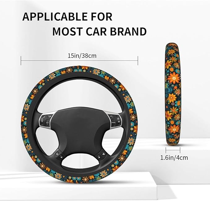 Artistic Floral Pattern Steering Wheel Cover for Women Breathable Anti Slip Stretch Cute Steering Wheel Covers Car Protector Accessories Universal 15 Inch