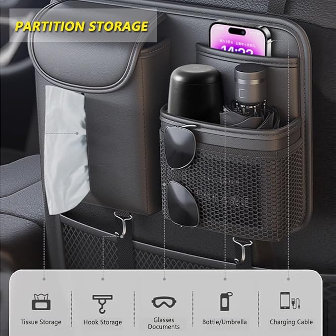 Tumecos Car Seat Back Storage Bag,Backseat Organizer with Tissue Box, Large Capacity Rear Seat Storage Pocket, Universal for Most Vehicles
