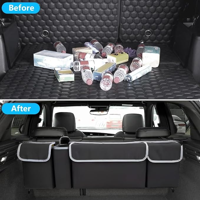 Car Trunk Organizer, Collapsible Large Capacity Auto Backseat Hanging Storage Bag with Adjustable Strap & 4 Pockets, Space Saving Car Back Seat Cargo Bag, Universal for Vehicles (Black)
