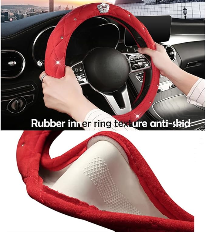 15Inch Leather Steering Wheel Cover Women Cute Bling Crown Steering Wheel Covers Universal fit Car (Red)