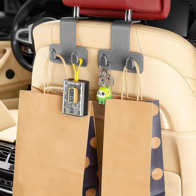 2PCS Car Headrest Hook, Dual Hook Leather Vehicle Back Seat Storage Organizer for Handbag Purse Hat, Multifunction Automotive Seat Back Hanger Holder, Universal for Most Vehicles (Dark Gray)