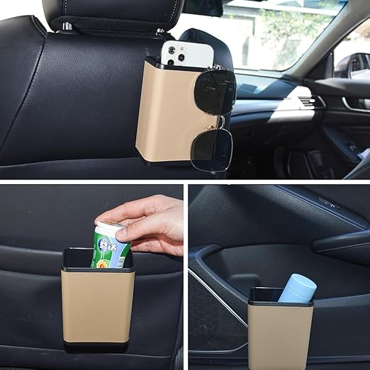 Mini Car Trash Can Multifunctional Car Mounted Garbage Bin Storage Box with Back Clip and Hanging Hook for Car Door Back Seat, Beige