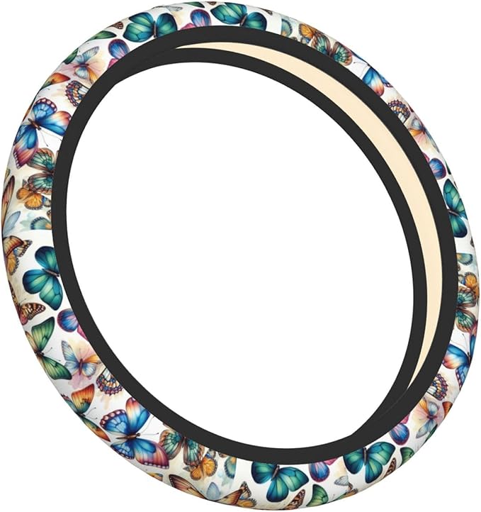Colorful Butterfly Neoprene Steering Wheel Cover for Men Women Anti-Slip Elastic Steering Wheel Protective Cover 15in Universal Car Accessories Fit Cars, SUVs, Auto