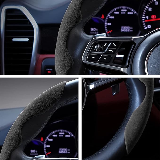 Car Steering Wheel Cover, Microfiber Suede Leather and Carbon Fiber Double Sided Design, Warm in Winter and Cool in Summer, Breathable Non Slip Segmented Protector for Most Cars (Turn Fur/Black)