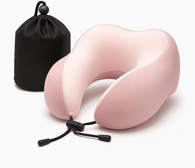 Travel Pillow for Airplane with Cooling Ice Silk & Waffle Cover, Soft Memory Foam U-Shaped Neck Support, Washable & Travel-Friendly for Car, Office & Camping(Pink)