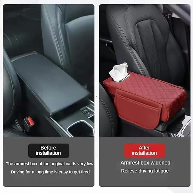 Car Arm Rest Cover Pad for Ford Maverick 2022 2023 2024, Leather Memory Foam Center Console Cushion with 2 Storage Bags and a Tissue Box Universal Car Interior Accessories,E/Beige