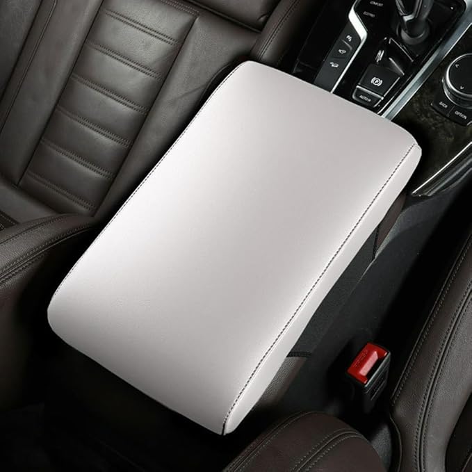 Car Center Console Cover Nappa Leather Memory Foam Armrest Box Seat Box Cushion Protector Pad Comfortable Height Increase Universal for Car Truck SUV (Glossy,White)