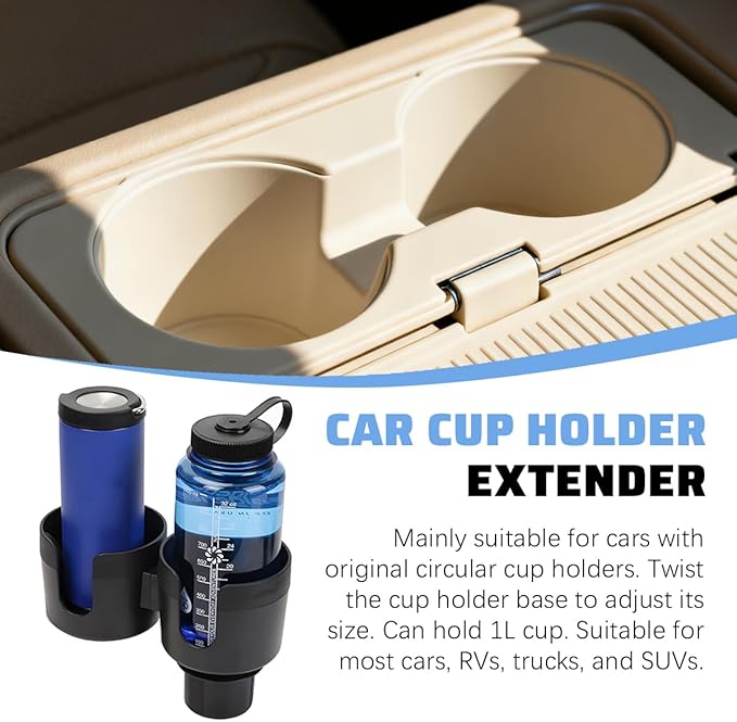 Car Double Cup Holder Expander, 2 in 1 Multifunctional Vehicle Cup Holder Adapter with Adjustable Base, Auto Drink Bottles Extender Organizer, Universal for SUV Automobile Truck (Black)