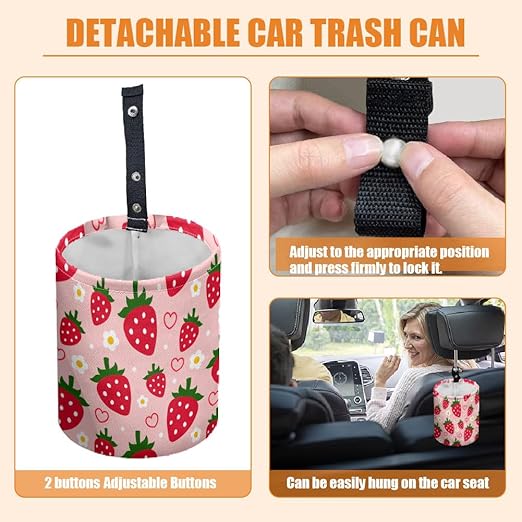 Strawberry and Flower Car Trash Can Waterproof Garbage Can Car-Seat Back Hanging Trash Bag Portable Camping Waste Bin Storage Bag Collapsible Rubbish Container for Women Car (5.9" W,7.2" H)