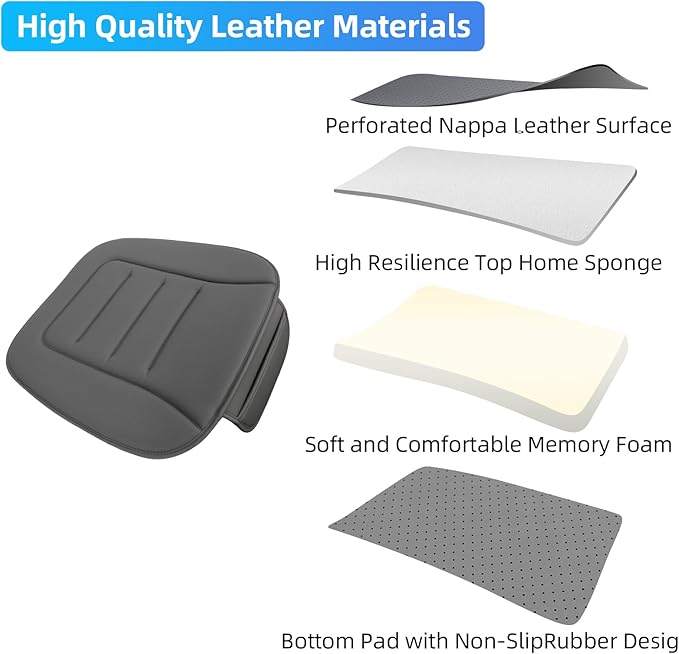 KAYI Car Seat Cushion, Comfort Memory Foam Car Cushions for Driving, Breathable Leather Surface with Anti Slip Rubber Bottom, Seat Cushion for Car and Office Chair (1 Pack, Grey)