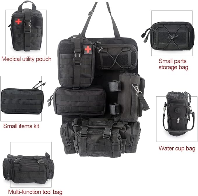 Tactical Car Seat Back Organizer Bag for Truck -with 5 Detachable Molle Pouch- 3 Different Size Admin Organizer(with Multi-Pocket) &1 Water Bottle Bag &1 Medical Kit(for All Vehicle)