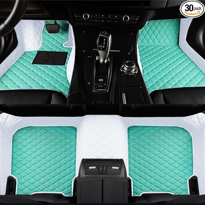 Custom Luxury Leather Car Floor Mats Upgrade Your Car's Interior All-Weather Protection for Cars, SUVs, Trucks Compatible with Automotive Mats (White+Tiffany Blue)