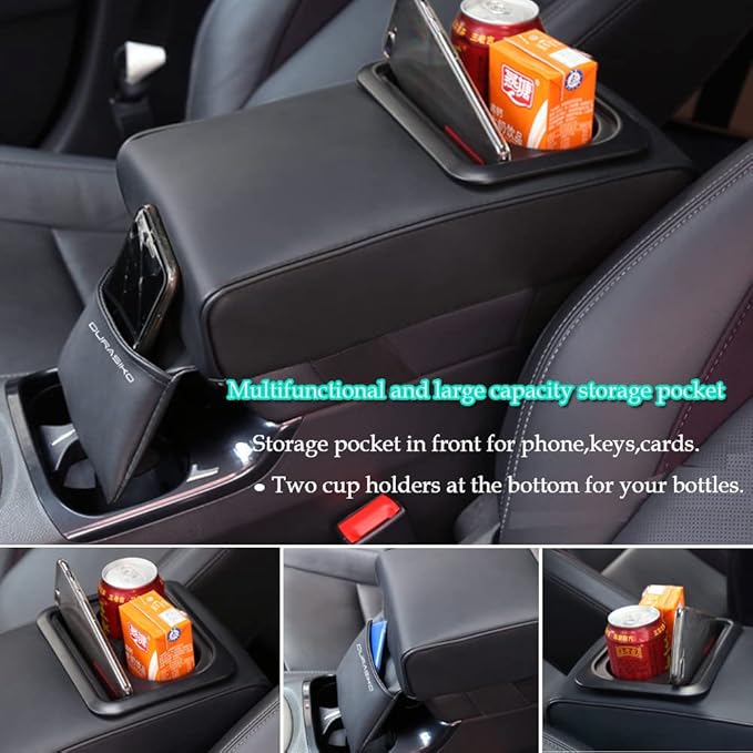 DURASIKO Car Center Console Pad with Front Storage Pocket for Phone,PU Leather Armrest Cushion with Cup Holder,Elbow Rest Pillow,Universal Car Armrest Seat Box Cover Protector for Most Vehicles