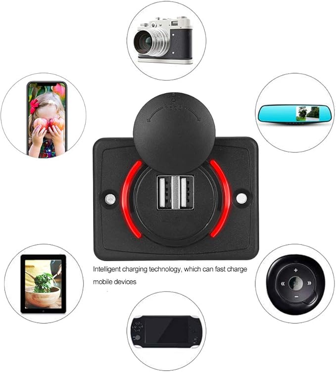Car Dual USB Port Socket, 3.1A DC12V/24V Portable Mini Power Charger Socket with LED Indicator for High End Large Scale Vehicles Such as Ships, Yachts, RVs, Buses(Red)
