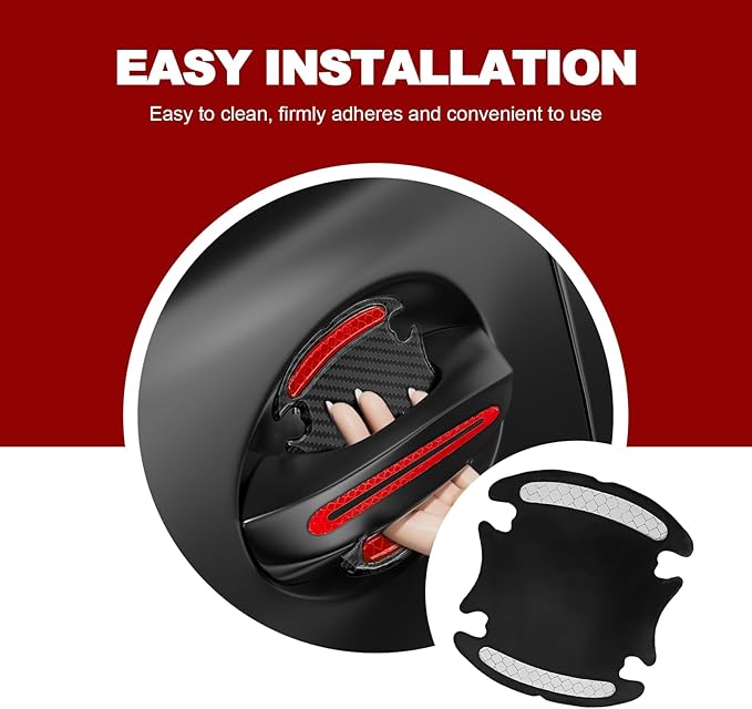 8PCS Universal Car Door Handle Protector Sticker - 3D Carbon Fiber Anti-Scratch Cover, Self-Adhesive & Non-Marking Reflective Safety Strips, Paint Protection Film(Red)