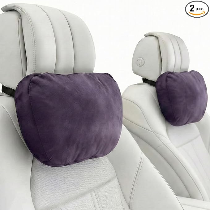 2PCS Car Pillow for Car Neck Pillow for Driving Seat Leather Neck Support Soft Cushion Back Support Head-Rests for Vehicle Sleeping with Elastic Adjustment Strap (Violet, Head)