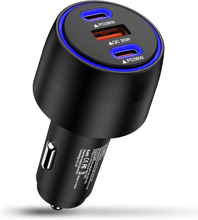 USB C Car Charger, 3-Port Super Fast Charging Cigarette Lighter Adapter for iPhone 17 Pro/Air/16/15/14/13/iPad, USBA & USBC Multiport Car Phone Charger Accessories for Samsung S25/S24 FE/S23/S22/A17