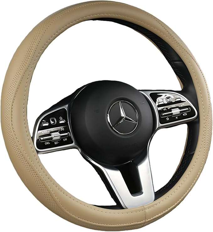 Cowhide Steering Wheel Cover Heat Resistant Anti-Slip Car Wheel Wrap Compatible with Most Makes and Models of Cars and Trucks with 14.5 to 15 Inch Steering Wheel